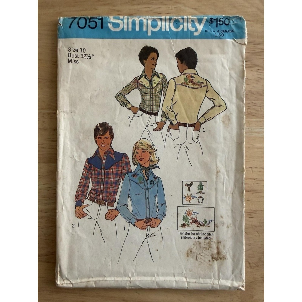 Simplicity Pattern 7051 Miss Top Stitch Western Shirts Size 10 Bust 32.5" CUT